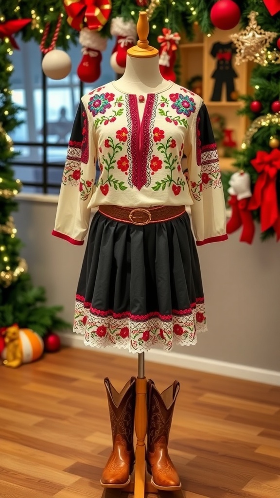 Festive vaquera outfit with embroidered blouse, skirt, and cowboy boots, set against a Christmas-themed backdrop.